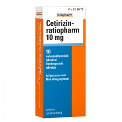 CETIRIZIN-RATIOPHARM 10 mg tabl, kalvopääll 10 fol